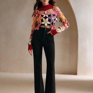 Red Elegant Women's Hand Crochet Lg Sleeve Stand Collar Minimalist Blouse